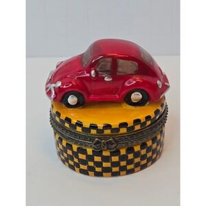 Vintage Red Beetle Car Taxi Checkered Ceramic Hinged Trinket Box 1997-2000